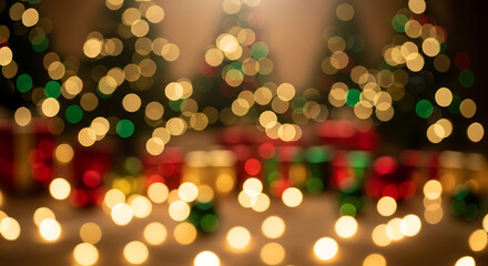 Festive holiday scene with bokeh lights gifts and christmas trees