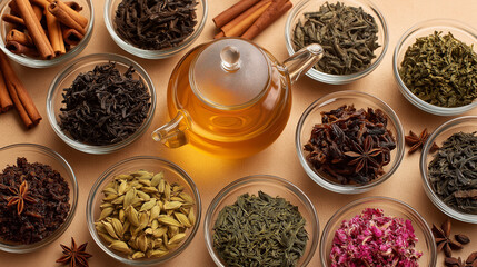 Set of Green, Black and Herbal Tea with Kettle on Beige Background, Organic Hot Drinks Banner, Top View with Copy Space