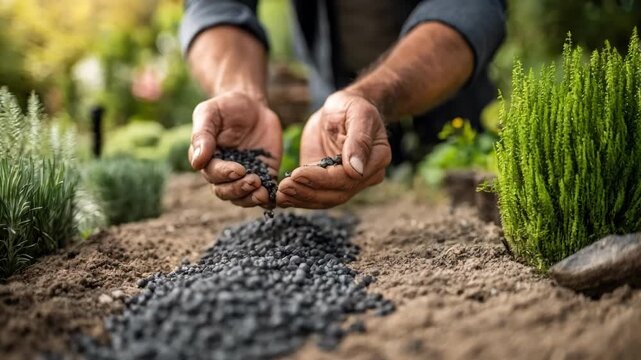 Medium shot of hands spreading homemade biochar onto garden soil to improve nutrient retention and soil quality in a natural setting