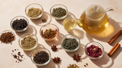 Set of Green, Black and Herbal Tea with Kettle on Beige Background, Organic Hot Drinks Banner, Top View