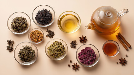 Set of Green, Black and Herbal Tea with Kettle on Beige Background, Organic Hot Drinks Banner, Top View