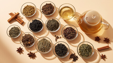 Set of Green, Black and Herbal Tea with Kettle on Beige Background, Organic Hot Drinks Banner, Top View