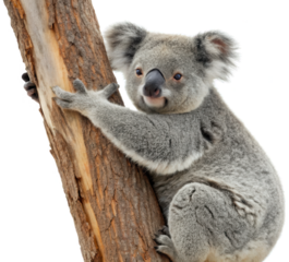 A fluffy, endearing, and realistically rendered koala with dense grey fur and a dark nose, casually leans against a textured, light brown tree trunk, exhibiting, isolated on transparent background.