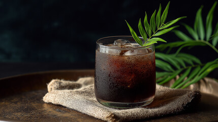 Glass of Bir Pletok, Traditional Indonesian Herbal Drink with Ice Cubes and Pandan Leaves, Betawi Culture Beverage