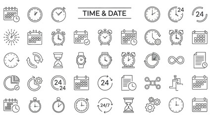 Solid sleek outline icons representing various time, date, and scheduling elements, perfect for modern digital interfaces and clean graphic design projects