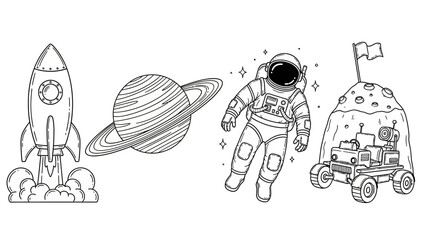 Solid sleek vector line art set of space exploration elements a launching rocket, majestic Saturn, brave astronaut, and adventurous lunar rover © HUANG