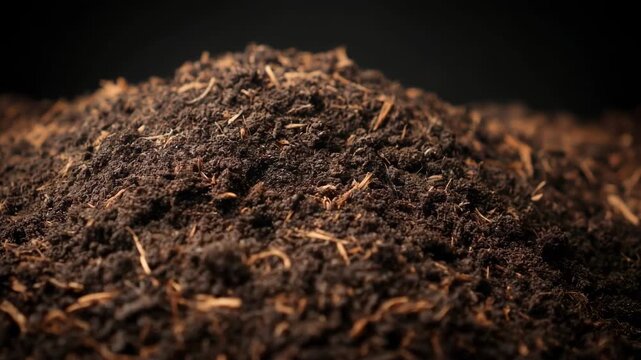 Medium shot of rich soil mixed with fine pine biochar enhancing nutrient retention and promoting sustainable agricultural growth naturally.
