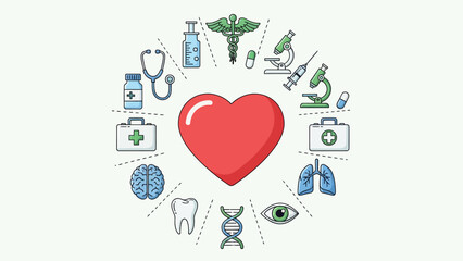 Red Heart with Medical Icons Surrounding.