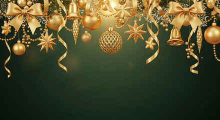 Golden christmas ornaments and decorations on a green background with copy space