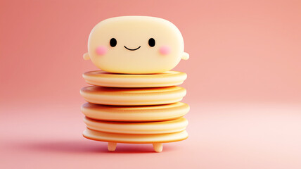 Cute stack of cartoon pancakes with adorable smiling face on pink background