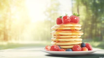 Stack of pancakes with fresh berries and maple syrup on a sunny morning