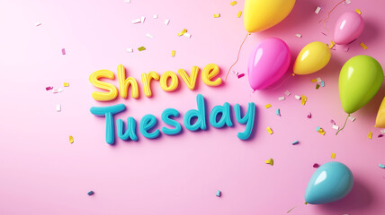 Colorful shrove tuesday celebration with balloons and confetti on pink background