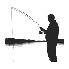 Obraz premium Man Fishing Silhouette Illustration in Lake with Angling Rod Recreation Activity Silhouette, Hobby Outdoor Nature Leisure Fishing, Black White Silhouette