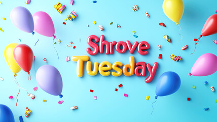 Colorful shrove tuesday celebration with balloons and confetti on blue background