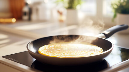 Steaming omelette cooking in nonstick pan on sunlit kitchen stove