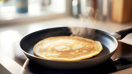 Golden pancake cooking in non-stick frying pan on stovetop