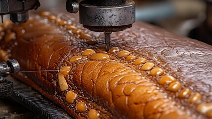 Crafting leather with machine.