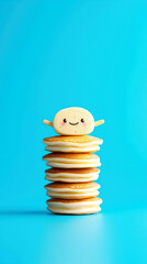 Happy cartoon face pancake stack against blue background