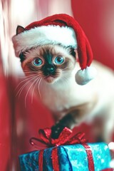 A pretty cute cat in Santa hat on vibrant Christmas background