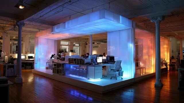 Modern office with colorchanging LED lights enhancing mood and creativity during collaborative work sessions.