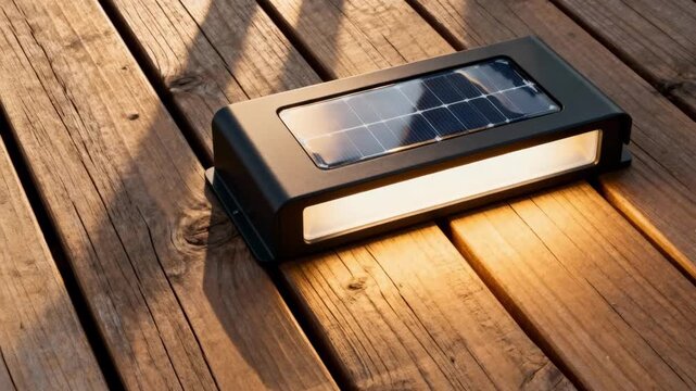 Closeup of solar panel embedded in a sleek outdoor light fixture mounted on a wooden deck highlighting sustainable energy use