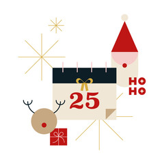 Christmas greeting card with geometric elements. For invitation, poster, advertisement. Vector illustration, flat design