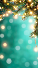 Festive christmas tree branches with twinkling lights and teal bokeh background