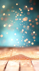 Shimmering golden glitter on wooden surface with bokeh lights in blue background