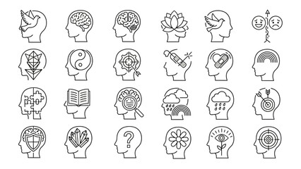 A collection of sleek, modern line art icons representing various aspects of human thought and psychology, ideal for digital and print design