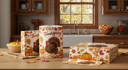 Thanksgiving Themed Kitchenware and Decorations on a Wooden Table.