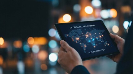 Global economic forecast 2026 business financial planning insights urban setting digital content nighttime view strategic vision