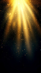 Radiant golden light beams and sparkling stars on a dark background