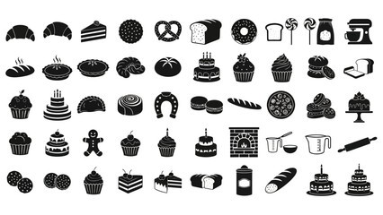 Solid sleek vector collection of bakery and dessert silhouettes, featuring a diverse array of pastry, bread, and sweet treat icons perfect for menus, branding, and food-related designs