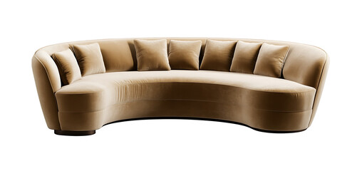 Isolated png beige curved velvet luxury designer sofa, transparent background 