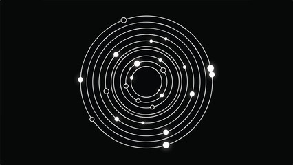 Obraz premium A stylized illustration of a celestial body surrounded by orbiting objects in a dark environment