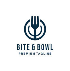 Bite and bowl restaurant logo featuring fork and plate icon.