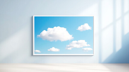 Framed blue sky with white clouds hanging on sunlit wall