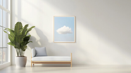 Minimalist living room with cloud art and potted plant