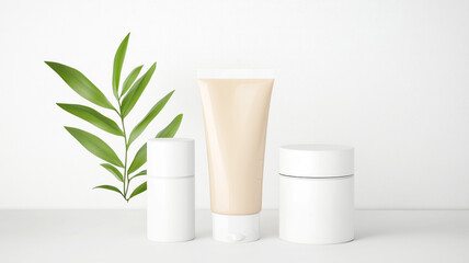 Minimalist skincare set with cream tubes and green leaf