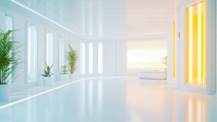 Futuristic minimalist interior with natural light and greenery