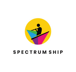 Vibrant geometric ship logo with a sailor exploring the horizon.