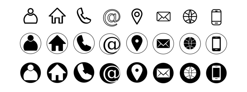 Contact us icon set. Phone, user, mail, home and location elements in minimal outline and solid styles vector illustration. Web and app interface sign for communication and navigation symbol pictogram