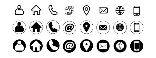 Contact information icon for business card. Containing name, address, map pin, globe, e-mail, location, website, fax, phone call at symbol. Silhouette and outline circle style. Vector illustration
