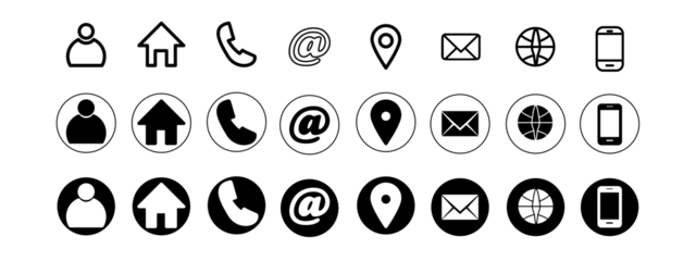 Contact information icon for business card. Containing name, address, map pin, globe, e-mail, location, website, fax, phone call at symbol. Silhouette and outline circle style. Vector illustration