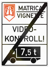 Road sign used in Hungary - End of toll road for trucks with video surveillance