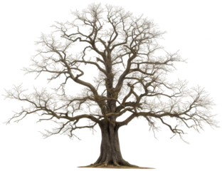 A sprawling, mature deciduous tree with a thick, textured trunk and a dense canopy of green and brown leaves, rendered in a realistic digital painting style,, isolated on transparent background.