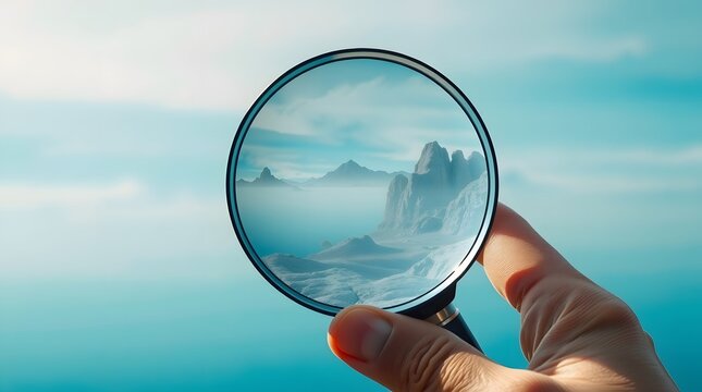 Hand holding magnifying glass focused on a surreal landscape