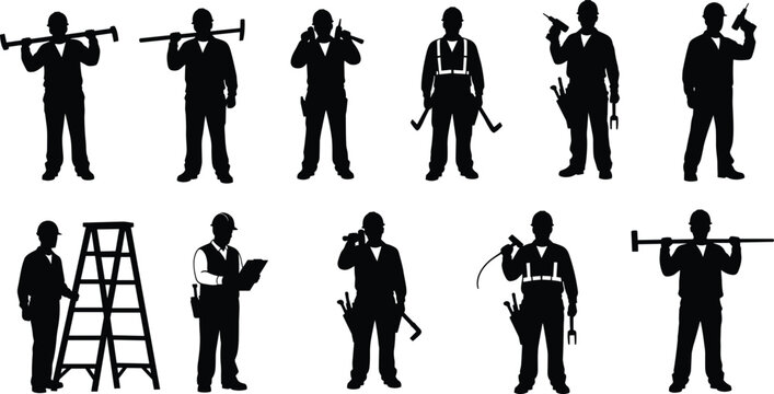 Construction worker silhouettes, industrial tools, labor force, building site crew, vector illustration, engineering team, tradesmen, repair tools, maintenance staff, jobsite icons
