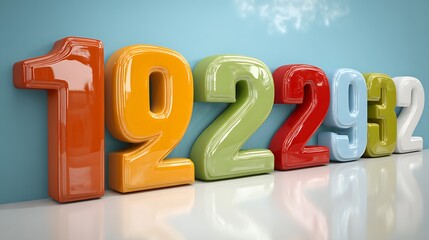 Colorful, glossy 3D numerals arranged in a row against a light blue backdrop, reflecting on a surface