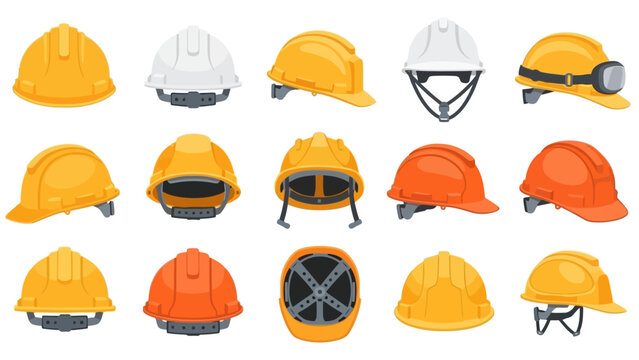 Extensive Vector Illustration Set of Modern Safety Helmets and Protective Hard Hats, Rendered in Various Angles for Construction Site and Industrial Worker Security